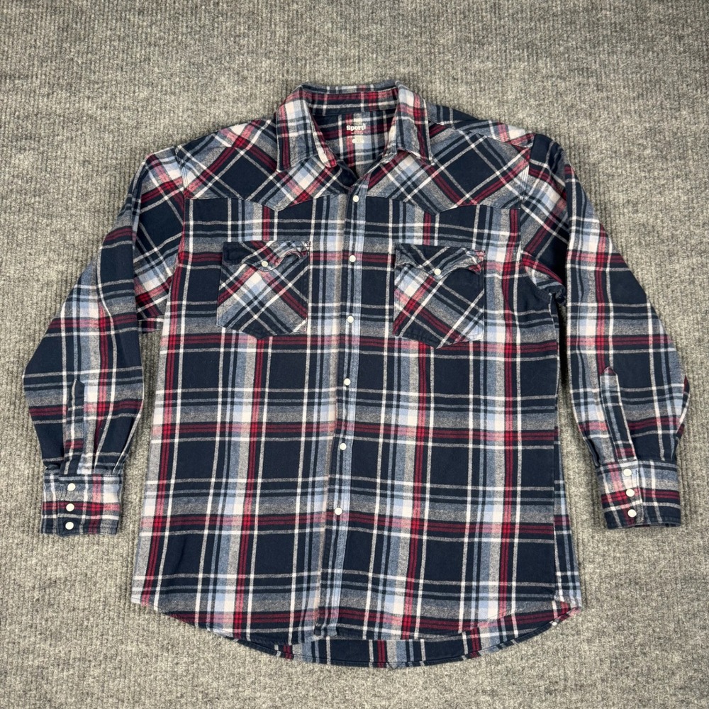 Work n Sport Shirt Mens XL Plaid Flannel Pearl Snap Western Cowboy 100% Cotton